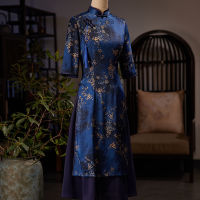 จีน Aodai ชุดเซ็กซี่เจ็ดคะแนนแขนผู้หญิงดอกไม้พิมพ์ซาติน Mandarin Collar Qipao Oriental Cheongsam