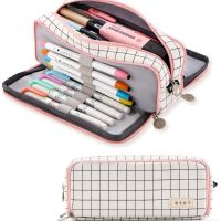 ☊✳❧ Large Pencil Case Big Capacity 3 Compartments Canvas Pencil Pouch for Teen Boys Girls School Students (Pink Strip Black Grid)