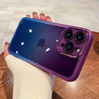 Floveyoo เคสโทรศัพท์แบบใสสีรุ้งไล่ระดับสีสำหรับ iPhone 14 13 12 11Pro สูงสุด XS Max XR Plus ฝาครอบตัวปกป้องกล้องถ่ายรูปโลหะซิลิโคน