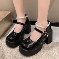 Black Patent Leather Mary Janes Shoes Women Pearl Buckle Strap Thick Platform Pumps Woman Fashion Super High Heels Banquet Shoes