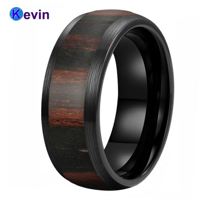 Black Tungsten Wedding Band Wood Ring For Men And Women Dome Band Brush Finish With Black Wood Inlay 8MM Comfort Fit