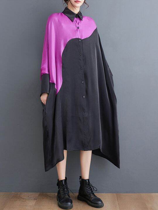 xitao-dress-loose-irregular-contrast-color-patchwork-shirt-dress