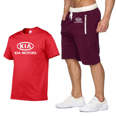 Summer Mens short sleeve T-Shirt KIA Car Logo Printed High Quality Cotton Fashion casual Mens T-Shirt+Pants Suit 2Pcs