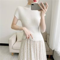 2023 Hot Miyake Tops Womens Pleated Tops Summer New Style Liu Yans Same Style Half Turtle Collar Slim White Bottoming T-shirt Women