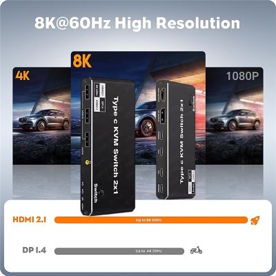 2.1 HDMI 8K 2X1 Thunderbolt 4 USB C สวิตช์ KVM 100W PD Charge 4K 144Hz Type C สวิตช์สวิตช์ KVM สำหรับ2แล็ปทอปแมคบุ๊ค1จอมอนิเตอร์