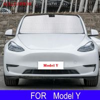 สำหรับ Tesla รุ่น Y ม่านบังแดดป้องกันรังสียูวีฟิล์มม่านบังแดดหมวกแผ่นบังแดดติดกระจกหน้ารถด้านหน้าของรถยนต์อุปกรณ์ตกแต่ง