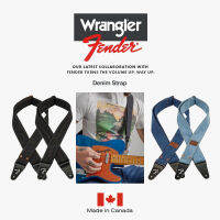 Fender® X Wrangler® Denim Guitar Strap สายสะพาย สายสะพายกีตาร์ กว้าง 2 นิ้ว ปรับยาวได้ 39-58" วัสดุผ้ายีนส์และไนลอน ปลายสายโลโก้ Fender® ** Made in Cana