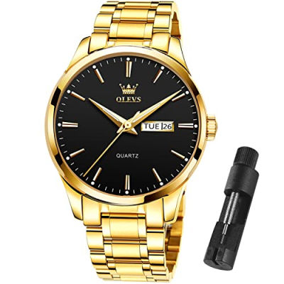 OLEVS Mens Gold Watches Waterproof Stainless Steel Lightweight Watch with Date Classic Luxury Dress Watch for Men Gold White Blue Green Dial Men Watch-Gold Steel Band with Black Face