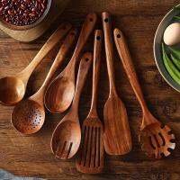 QTCF-Wooden Kitchen Utensils Set Wooden Spoons For Cooking Natural Teak Wood Kitchen Spatula Set For Including 7 Pack