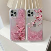 เคสซิลิโคนกลิตเตอร์เหลวลายดอกไม้สีชมพูสำหรับ iPhone 7 8 Plus XR XS MAX 11 12 13 14 Pro Max 14 Plus ฝาครอบดาวทรายดูดแบบไดนามิก