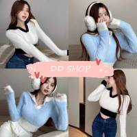 DD SHOPพร้อมส่ง 39142 เสื้อครอปไหมพรมแขนยาว คอปก ดีเทลขนมุ้งมิ้งทั้งตัว -C