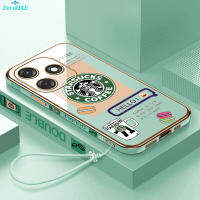 [ฟรีสายคล้อง] สำหรับ Tecno Spark 10C เซลล์10เม็ดเคสโทรศัพท์โลโก้ Starbucks ปลอกลวดลายขอบสี่เหลี่ยมเคสโทรศัพท์ชุบเคลือบหรูหราเคสโทรศัพท์นิ่ม