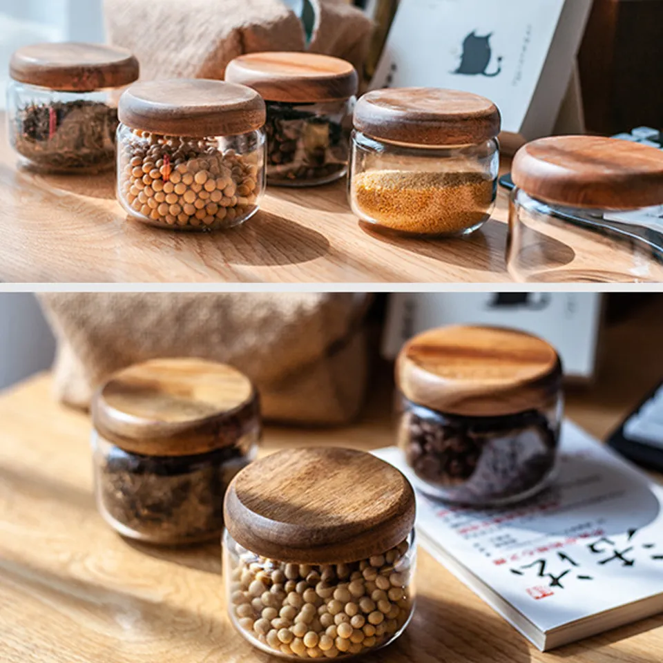 1pc Small Transparent Storage Jar With Acacia Wood Lid, Mini