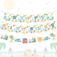 Summer Surfing Happy Birthday Banner Bunting Surfboard Banner for Summer Beach Birthday Decoration Swimming Pool Party Supplies Banners Streamers Conf