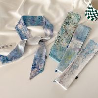 ★New★ National style ink painting blue line spring and summer new long strip small silk scarf female ribbon tied hair tied hair headband headdress