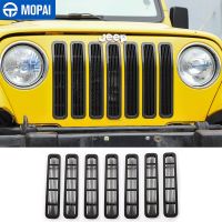 MOPAI ฝาครอบกระจังหน้ารถยนต์,พร้อมตาข่ายตกแต่งสติกเกอร์สำหรับ Jeep Wrangler TJ 1997-2006ตกแต่งภายนอกรถ