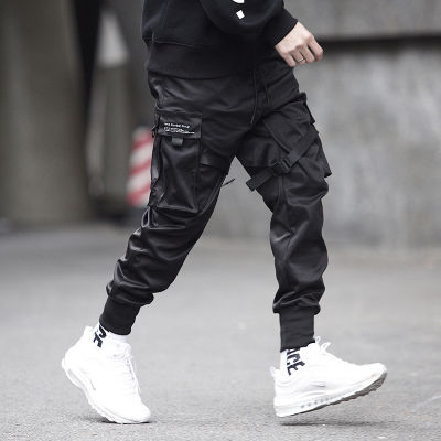 Prowow Men Ribbons Streetwear Cargo Pants 2021 Autumn Hip Hop Joggers Pants Overalls Black Fashions Baggy Pockets Trousers
