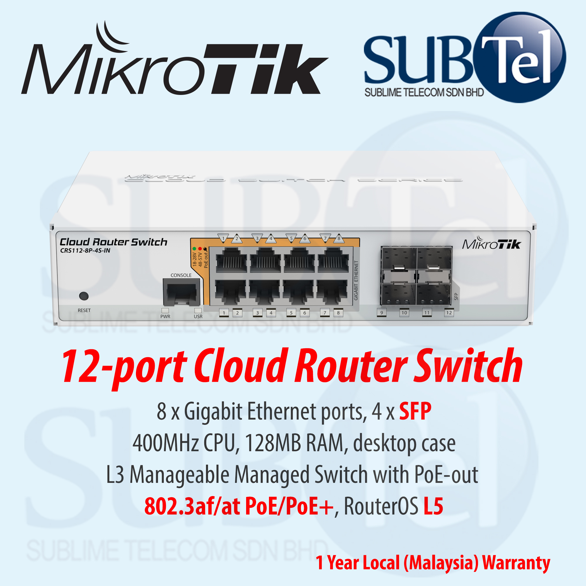 MikroTik Gigabit Ethernet Smart Switch with PoE-out and RouterOS L5 CRS112-8P-4S-IN 