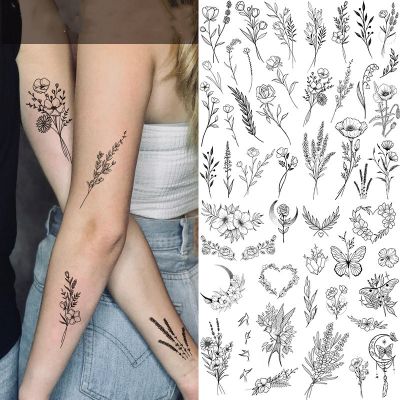 【YF】 Black Flower Tattoo Sketch Sticker  Rose Blossom Temporary Waterproof