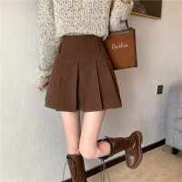 HOUZHOU Vintage Corduroy Pleated Skirt Women Korean Style Kawaii Patchwork Brown High Waist A-line Mini Skirts Autumn Winter