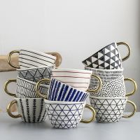 【hot】❐✜ Wide mouth with Gold Handle Hand Painted Irregular Cups Oatmeal gift