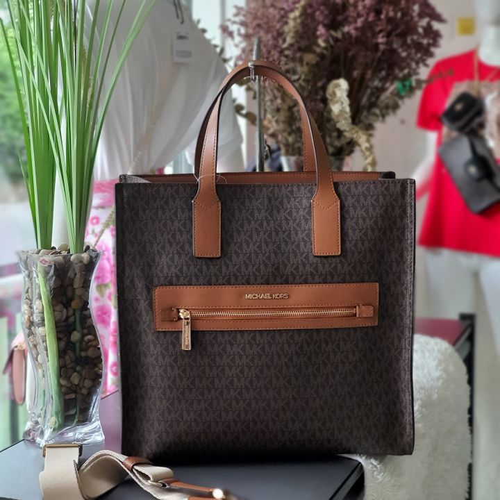 Michael Kors Collection, Bags, Michael Kors Kenly Large Ns Tote Crossbody  Brown Mk Signature With Burgundy