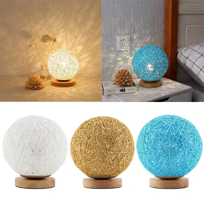 Round Ball Table Lamp Creative Handwoven Natural Rattan Bedside Lamp Bedroom Decoration Warm Night Light Birthday