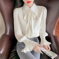 Sweet Peter Pan Collar Flare Sleeve Lace Up Folds Long Sleeve Chiffon Shirt Elegant Loose Womens Clothing Office Lady Blouse