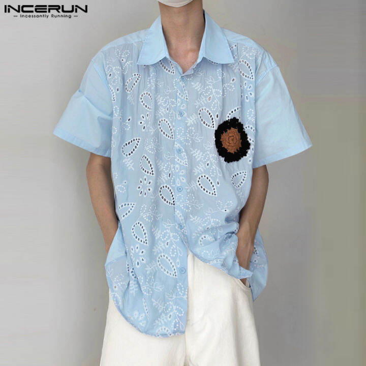 incerun-เสื้อถักแบบลำลองแฟชั่นผู้ชายแขนสั้น-เสื้อเสื้อปักลายกลวงออกปกเสื้อ-สไตล์เกาหลี