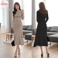 Women Off Shoulder Long Sleeves Dress Stylish Solid Color High Waist Slim Fit Irregular Dress