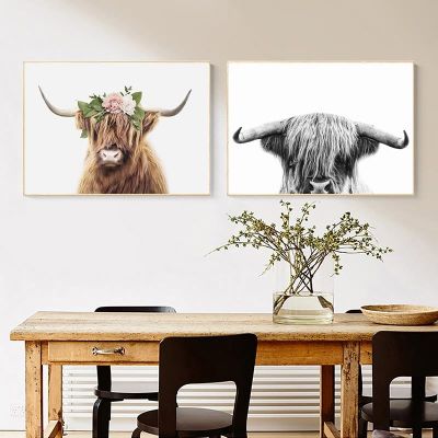 ✾﹊ Highland วัวมงกุฎดอกไม้พิมพ์สาวเนอสเซอรี่ Wall Art ภาพวาดผ้าใบฟาร์มสัตว์วัวนอร์ดิกโปสเตอร์ห้องนั่งเล่น decor