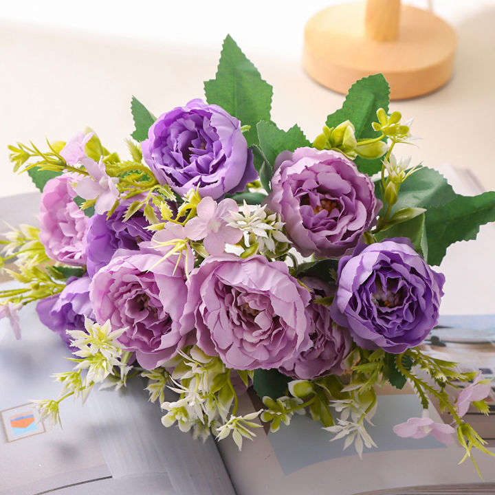 ช่อดอกไม้งานแต่งงานช่อดอกไม้ดอกกุหลาบจำลองสำหรับตกแต่งบ้านแบบนอร์ดิก5ช่อดอกไม้เทียม
