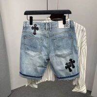 Summer soft gray-blue ultra-thin stretch mens denim shorts slim hot-printed five-point pantsTH