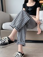 Korean Pink Cotton Linen Plaid Pants for Women 2023 Autumn Casual Baggy Capri Home Pants Womens Wide Trousers Joggers Slacks