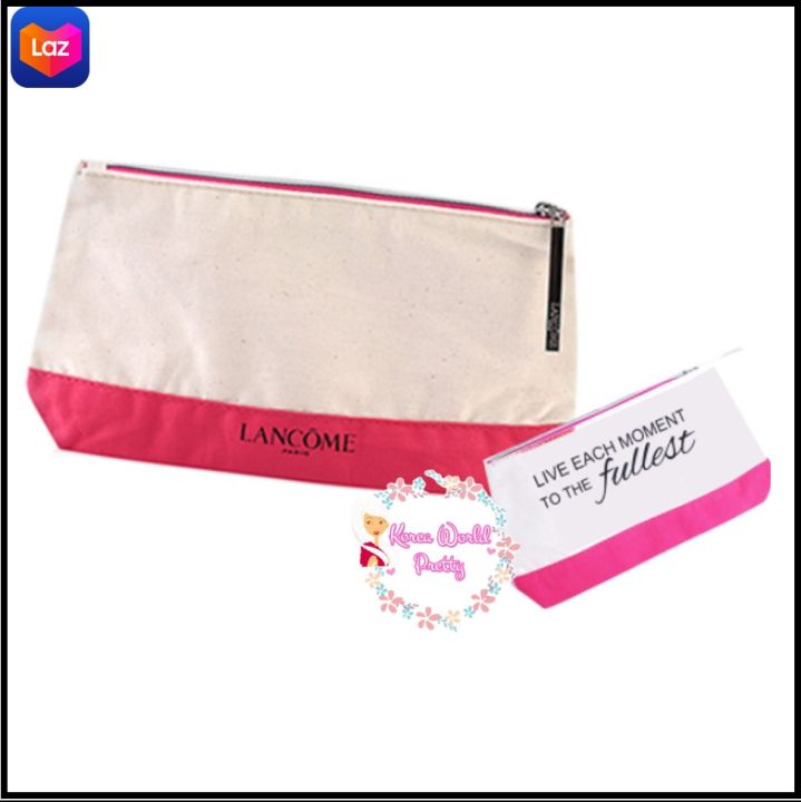 lancome-pouch-live-each-moment-to-the-fullest-white-amp-pink-กระเป๋าใส่เครื่องสำอางผ้าดิบสีขาวชมพู-ผลิตจากผ้าคุณภาพดี