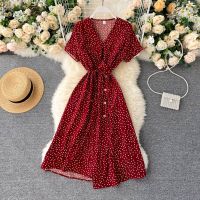 【Ladies shop】2020 Koreanelegant Sexywomen Summer Beach V คอ Polka Dot Midi ชุดเอวแยกชุด Vestidos De Fiesta เสื้อผ้า