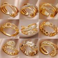 Fashion Gold Color Stainless Steel Rings For Women Chain Hollow Out Crystal Zircon Finger Ring Jewelry 2023 Gift anillos mujer