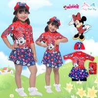 Swimming Suit for Girl Minnie Mouse ชุดว่ายน้ำเด็กผู้หญิง สีแดง บอดี้สูทเสื้อแขนยาวกระโปรงกางเกง พร้อมหมวกว่ายน้ำและถุงผ้า ใส่สบาย