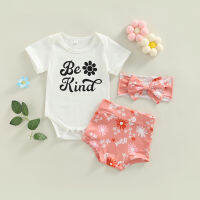 เสื้อผ้าเด็กผู้หญิงน่ารัก BE KIND Letter พิมพ์รอบคอแขนสั้น Romper + กางเกงขาสั้นลายดอกไม้ + แถบคาดศีรษะฤดูร้อน3ชิ้น Set