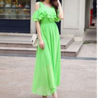 Dress Up House รหัส D1075green ชุดเดรสยาว เนื้อผ้าชีฟอง แขนสั้นโชว์ไหล่ (สีเขียว)