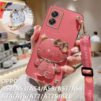 JieFie เคสโทรศัพท์เฮลโลคิตตี้น่ารักสำหรับ OPPO A54 / A57 / A55 / A53 / A58 / A52 / A74 / A76 / A77 / A77S / A78 / A37 เมคอัพชุบโครเมียมเคสกระจกหรูหราเคสโทรศัพท์โทรศัพท์ TPU แบบน่มสี่เหลี่ยม + สายคล้องขาตั้ง