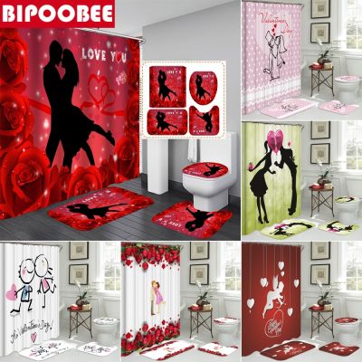 Lover Rose Shower Curtain Set Bath Mats Rugs Happy Valentine 39;s Day Bathroom Curtains Toilet Lid Cover Bath Mat Non Slip Rug