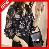 qkq971 Floral Chiffon Shirts Korean Style Womens Casual Loose Blouses Vintage Lapel Buttons Long Sleeve Tops