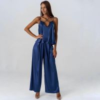 Womens Pajama Set Silk Sleeveless Loose Ladies Spaghetti Sleepwear with Pant Pyjama for Female