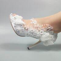 ☇ Spring and summer large size lace fish mouth bridal wedding shoes stiletto crystal pearl side empty matching dress women sandals