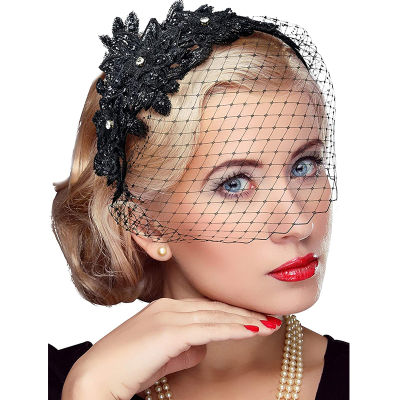 Black Headband Veil for Bridal Rhinestone Charming Lace Flower Bridal Mesh Headwear for Wedding Hair Accessories Fascinators