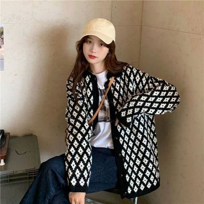Ready Stock New Sweater Retro Japanese Loose Knit Plaid Cardigan Korean Womens Top