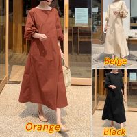 ZANZEA Women Casual 34 Lantern Sleeve Solid Color Elastic Cuff Maxi Dress