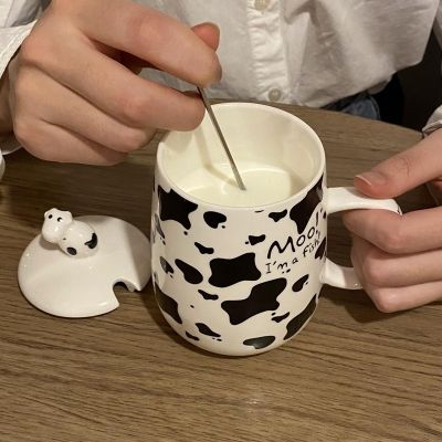 Moo! Im a Fish! Ceramic Water Mug Dairy Cow Design Office Coffee MugCute Morning Breakfast Milk Coffee Mugs With Lid Spoon