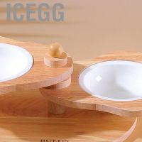 Icegg Ceramic Pet Food Double Bowls Heat Resisting Elevated Cat Dog Dishes Set with Wood Stand